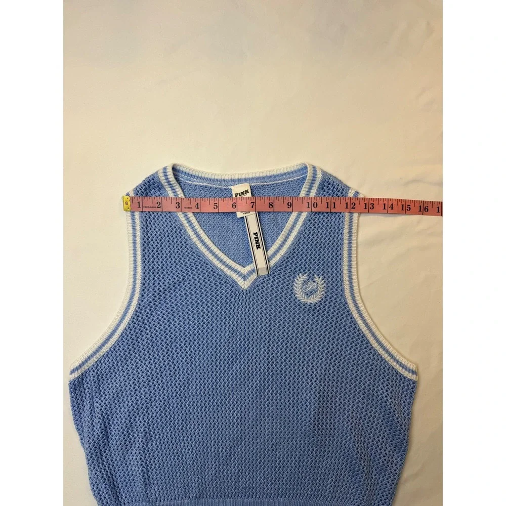 Victoria's Secret PINK Blue Open Knit V-Neck Sweater Vest Crest Logo NWT Medium - Picture 10 of 13